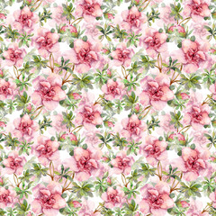 Pink flowers. Seamless tiled floral wallpaper. Aquarelle hand drawing on white background 