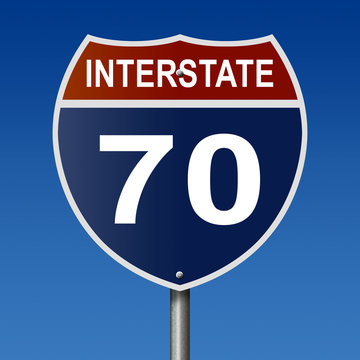 Sign for Interstate 70, part of the National Highway System, which travels between Utah and Maryland