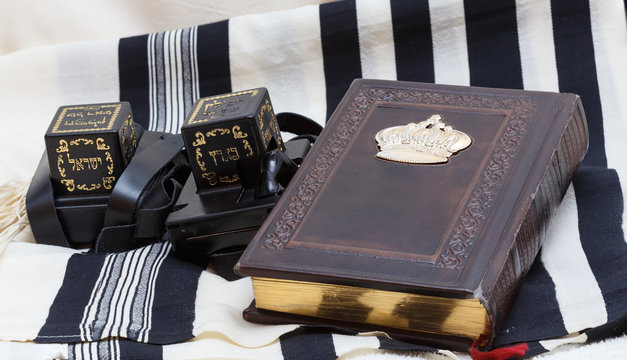 Tefillin and tallit and  Sidur Prayer. Text-tefillin Israel