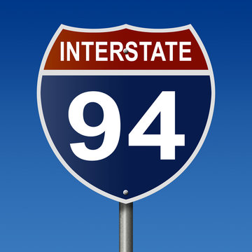 Sign for Interstate 94, part of the National Highway System, which travels between Montana and Michigan