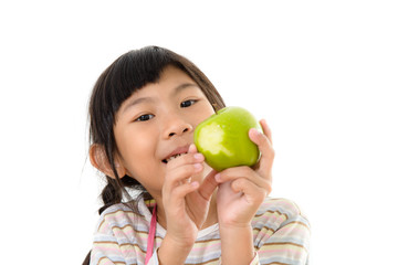 Fototapeta premium Happy Asian girl eating green apple, isolated on white.