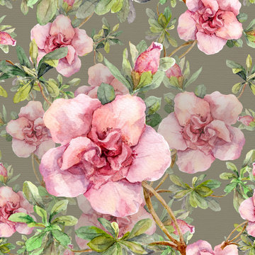 Pink flowers. Seamless repeated floral pattern. Watercolour hand art on grey background 