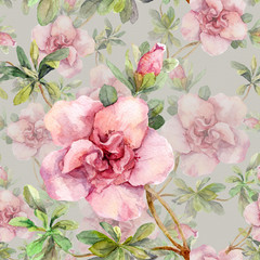 Pink flowers - floral aquarelle pattern. Watercolour hand design on gray background 