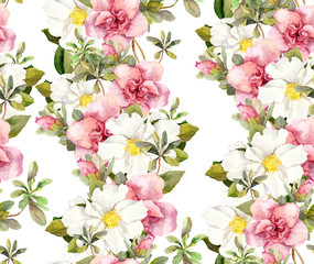Seamless floral pattern with watercolor pink and white flowers. Aquarel background 