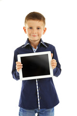 Beautiful little boy with digital tablet, isolated on white