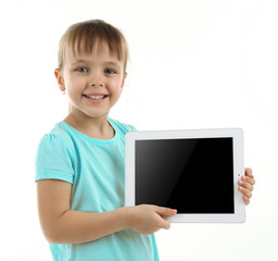 Beautiful little girl with digital tablet, isolated on white