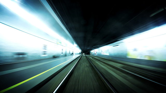 4K Futuristic footage of an underground tram in Vienna following its route