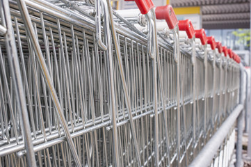Many empty shopping carts in a row.