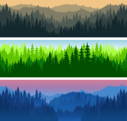set of vector mountains forest background texture seamless pattern