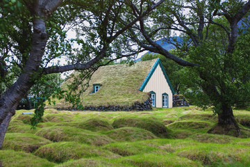 Iceland, Scandinavia, traditional house, church in the village Hof