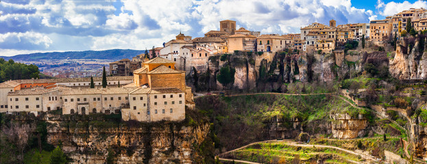 Parador de Cuenca and Hanging Houses over Huécar river gorge, medieval town on cliffs, Spain High resolution panorama, UNESCO World Heritage. World print quality, copy space sky © Freesurf