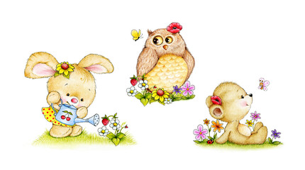 Obraz premium Bunny, Teddy bear and Owl in the garden