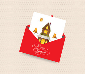 merry christmas greeting card with envelope house and tree