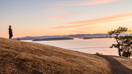 Woman stares out at vast ocean at sunset with grass in foregroun