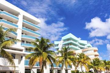 Fototapeta na wymiar White and blue buildings in Ocean Drive. Miami Beach, Florida