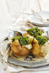 Salt-baked potatoes with miso creamed kale