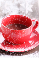 red cup of hot chocolate.