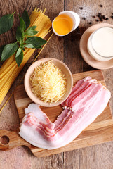 Ingredients for Pasta Carbonara with bacon, cheese, cream and yo