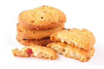 Homemade dry fruit cookies, in white background.