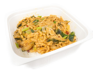 Spicy minced vegetable  with rice lunchbox, vegan food selective focus