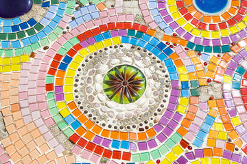 art of Colorful ceramic and stained Glass wall background at wat phra that pha son kaew in Khao Kor, Phetchabun, Thailand
