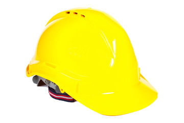 Fototapeta premium Closeup of yellow protective helmet on white background