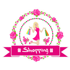 Shopping Woman With Bags Wear Pink Dress Rose
