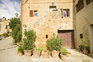 Fototapeta na wymiar street of medieval Pienza town in Tuscany. Italy