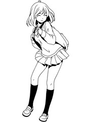 fashion school girl with backpack,illustration,ink,black and white,logo,outline,isolated on a white
