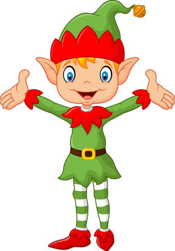 Cute green elf boy costume hands up . isolated on white background