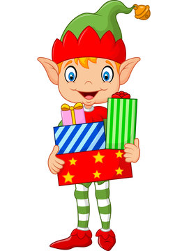 Happy green elf boy costume holding birthday gifts
