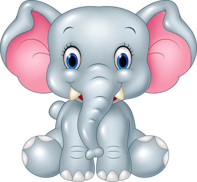 Cartoon Funny Baby Elephant Sitting Isolated On White Background