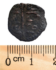 Copper coins of the Golden Horde. Number 6_1. Macro. Isolated