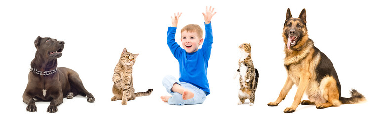Group of a pets and happy child sitting together