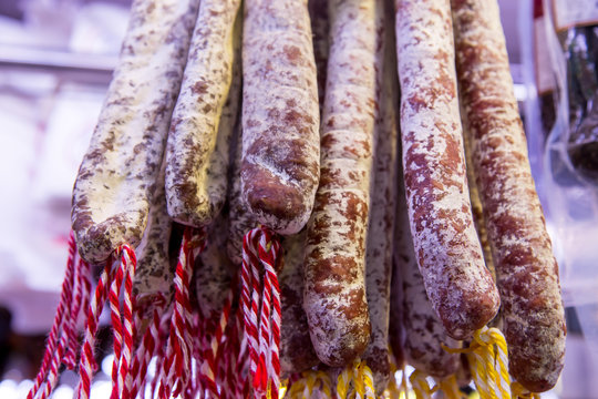 Catalan dry sausages, fuet market in Barcelona