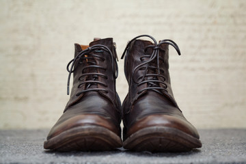 Men's brown autumn and spring shoes with laces. Stylized vintage, handmade shoes