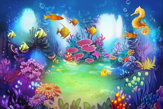 Illustration: The Secret Underwater Garden with Sea Horse and Fish. It's a lovely place for lovers or friends meet. - Scene Design