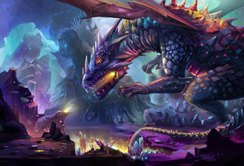 Illustration: The Dragon Planet - The danger dragon is drinking the energy generated by gem stone and crystal. Never touch the treasure in his planet, he will kill you. - Scene Design. Fantastic Style