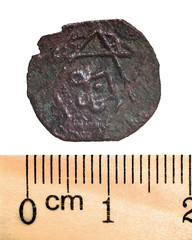 Copper coins of the Golden Horde. Number 15_1. Macro. Isolated