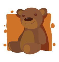 Vector bear toy icon. Cartoon image of a cute toy bear cub brown color on an orange background.
