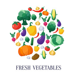 Vector Vegetables Flat Style Icons Set in Circle Shape