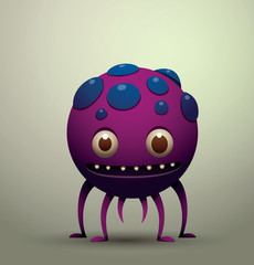 Vector virus microbe, purple. Cartoon image of the funny virus microbe purple color with blue pimples, with four legs and two tails on a gray background.