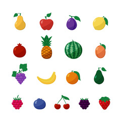 Vector Icons Fruits and Berries in Flat Style Set Isolated over White