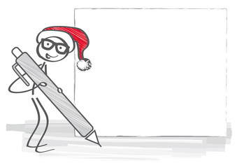 Weihnachtlich verkleidetes Strichmännchen schreibt Grußkarte