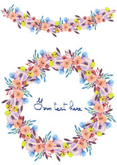 Circle frame, wreath and garland of purple, pink and yellow flowers and branches with the violet leaves painted in watercolor on a white background, greeting card, decoration postcard or invitation