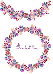 Circle frame, wreath and garland of purple flowers and branches with the violet leaves painted in watercolor on a white background, greeting card, decoration postcard or invitation