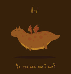 Vector cute dragon, brown. Cartoon image of a cute brown dragon on a dark brown background.