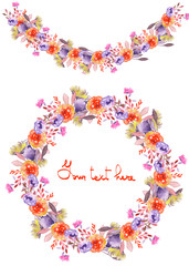 Circle frame, wreath and garland of purple and red flowers painted in watercolor on a white background, greeting card, decoration postcard or invitation