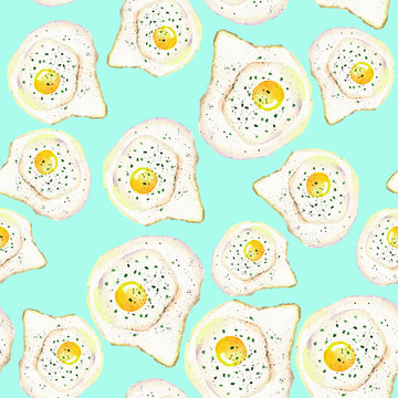 Seamless pattern with the scrambled eggs painted in watercolor on a mint background
