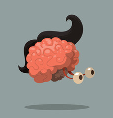 Vector cartoon brain with black hair. Cartoon image of a pink brain with eyes and black hair on a gray background.